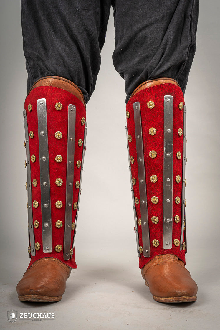 Splinted Suede Leather Greaves Red - Which Mark