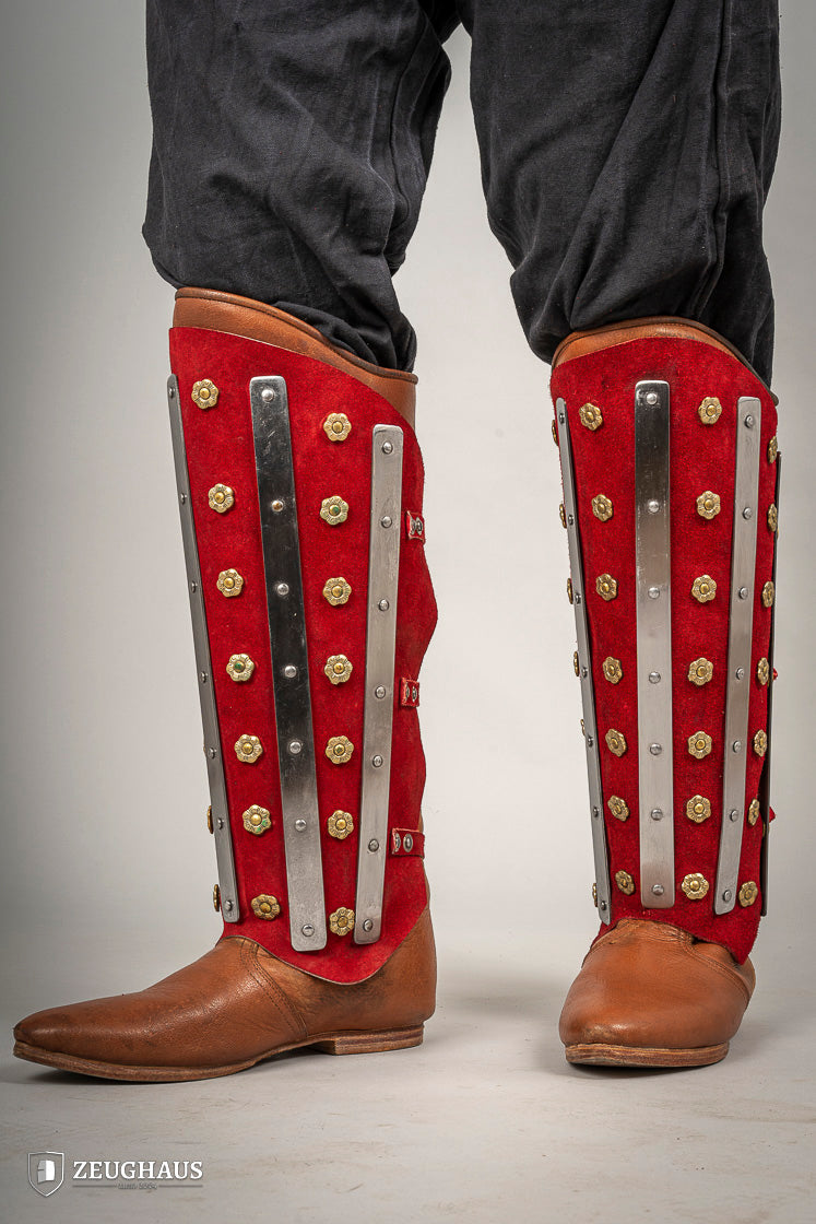 Splinted Suede Leather Greaves Red - Which Mark