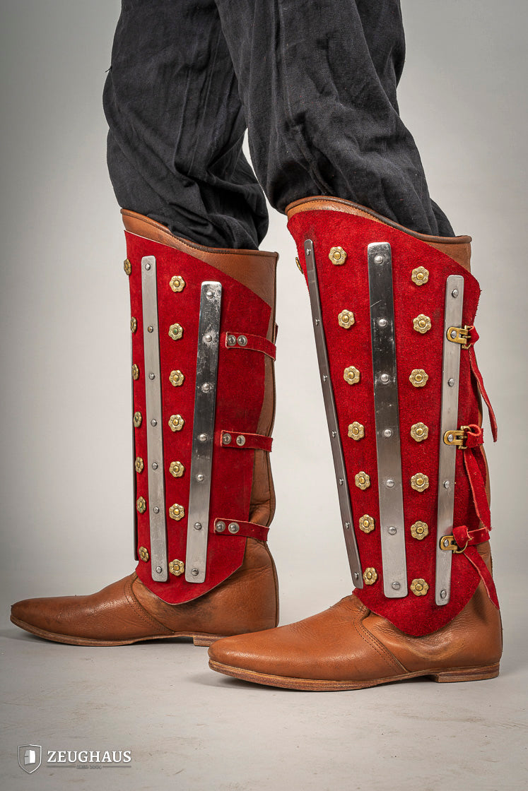 Splinted Suede Leather Greaves Red - Which Mark