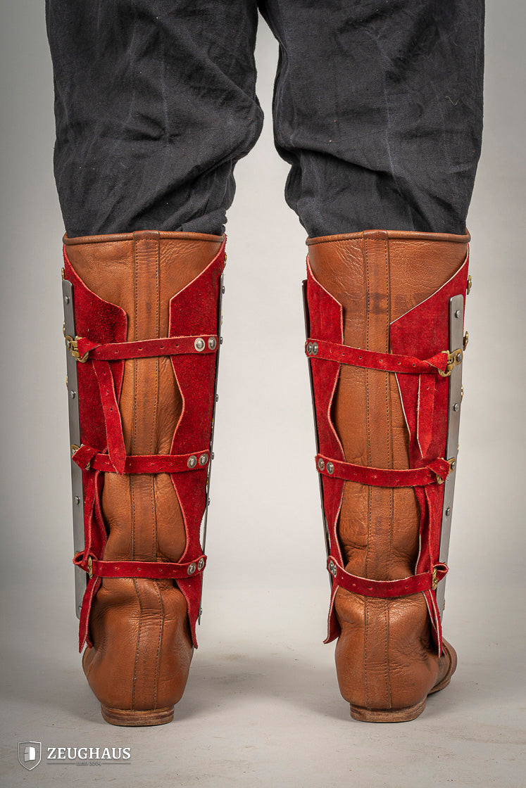 Splinted Suede Leather Greaves Red - Which Mark