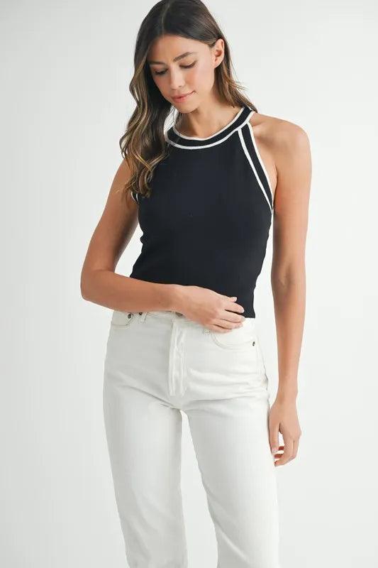 MABLE Contrast Trim Grecian Neck Cropped Tank - Which Mark
