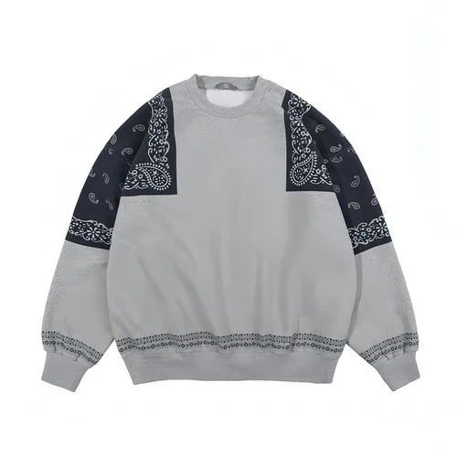 Retro Paisley Stitching Fleece-lined Crew Neck Sweater - Which Mark