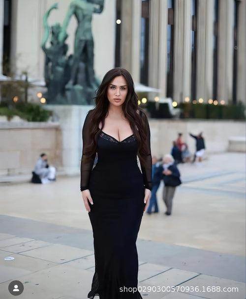 Women's Black With Fishbone Braces Long Sleeve Tight Dress - Which Mark
