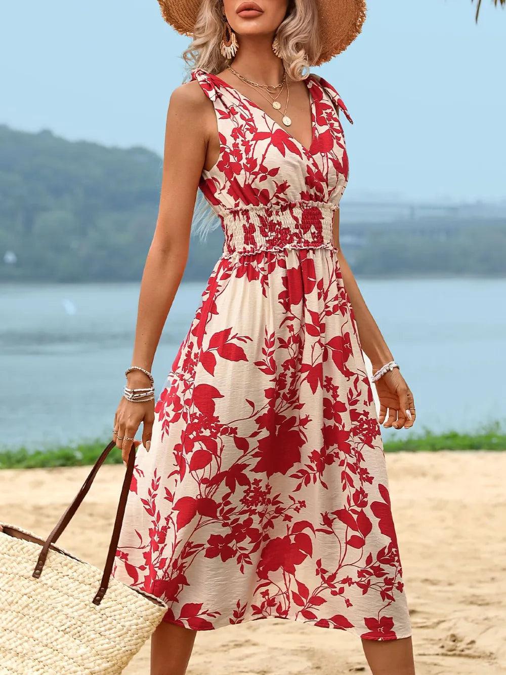 Perfee Smocked Printed Surplice Midi Dress - Which Mark