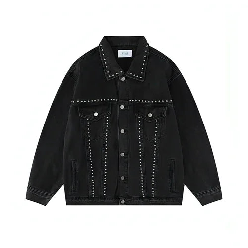 Heavy Beaded Black Denim Jacket For Men And Women - Which Mark