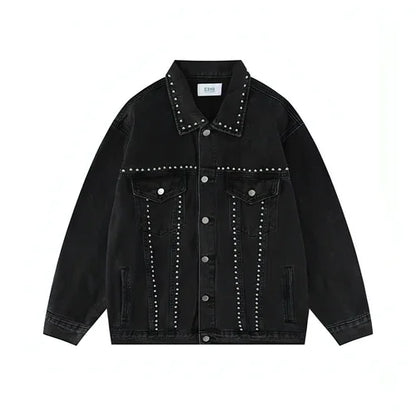 Heavy Beaded Black Denim Jacket For Men And Women - Which Mark