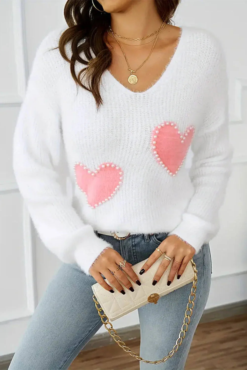 White Pearl Beaded Heart Pattern Fuzzy V Neck Sweater - Which Mark