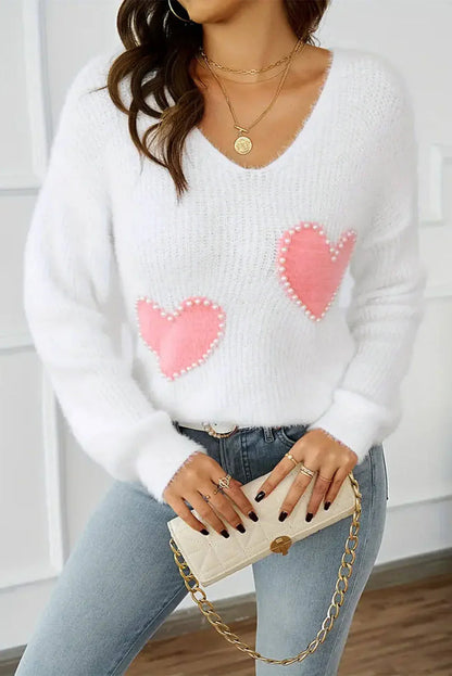 White Pearl Beaded Heart Pattern Fuzzy V Neck Sweater - Which Mark
