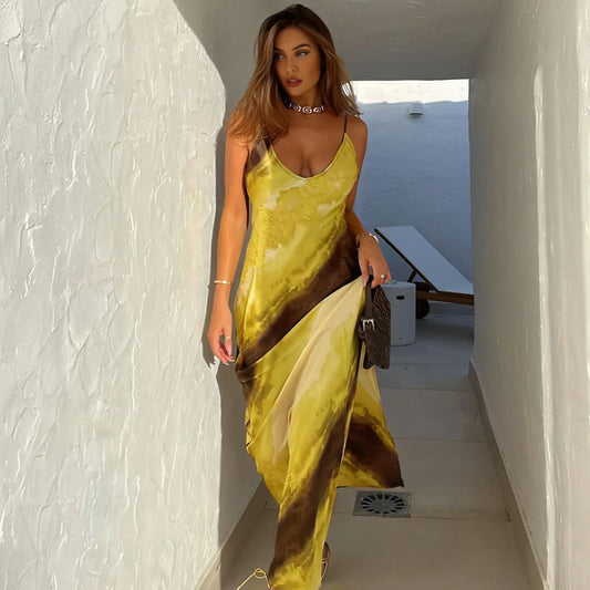 Women's Fashion Printed V-neck Backless Slit Sling Dress - Which Mark