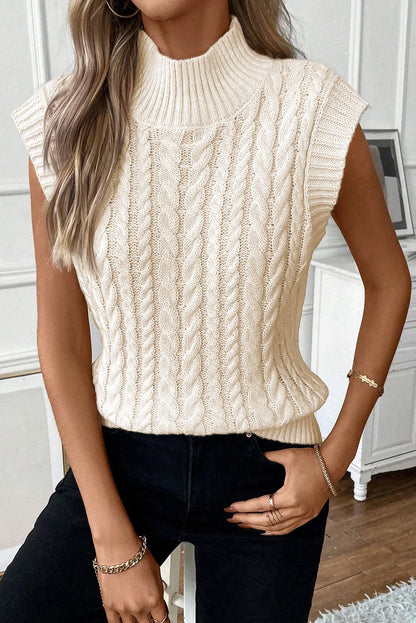 Oatmeal Cable Knit High Neck Sweater Vest - Which Mark