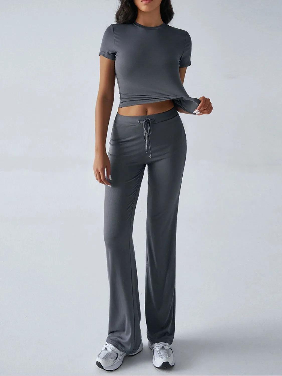 Round Neck Short Sleeve Top and Pants Set - Which Mark