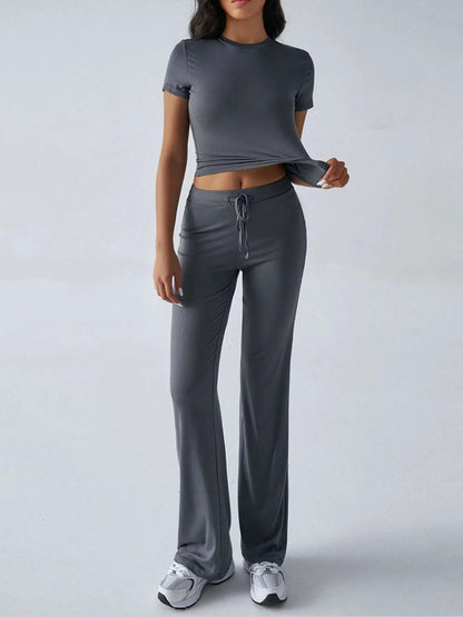 Round Neck Short Sleeve Top and Pants Set - Which Mark