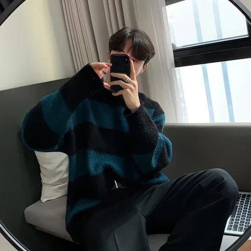 Round Neck Striped Design Sense Niche Soft Glutinous Sweater Men - Which Mark