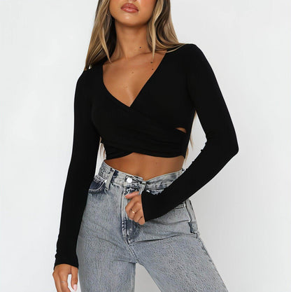 Women's Clothing Cross V-neck Stitching Slim-fit Long-sleeved - Which Mark