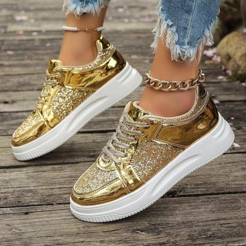 Fashion Lace-up Flat Shoes With Sequin Design Casual Sports Thick - Which Mark