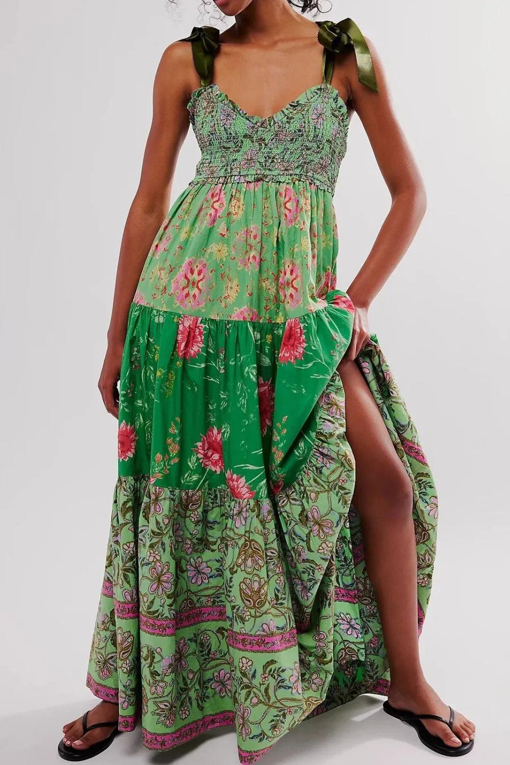 Floral Tiered Maxi Dress with Mixed Print Design - Which Mark