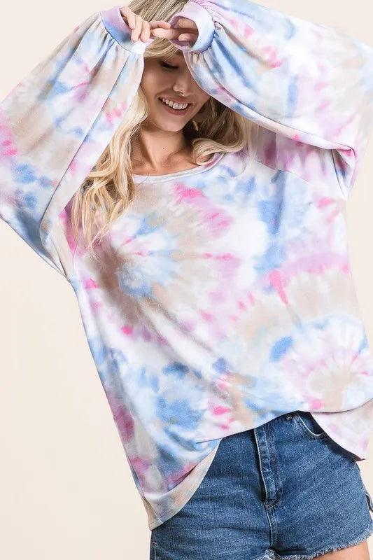 BiBi Tie Dye Print Terry Top With Puff Sleeves - Which Mark
