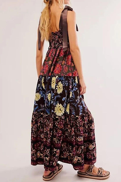 Floral Tiered Maxi Dress with Mixed Print Design - Which Mark