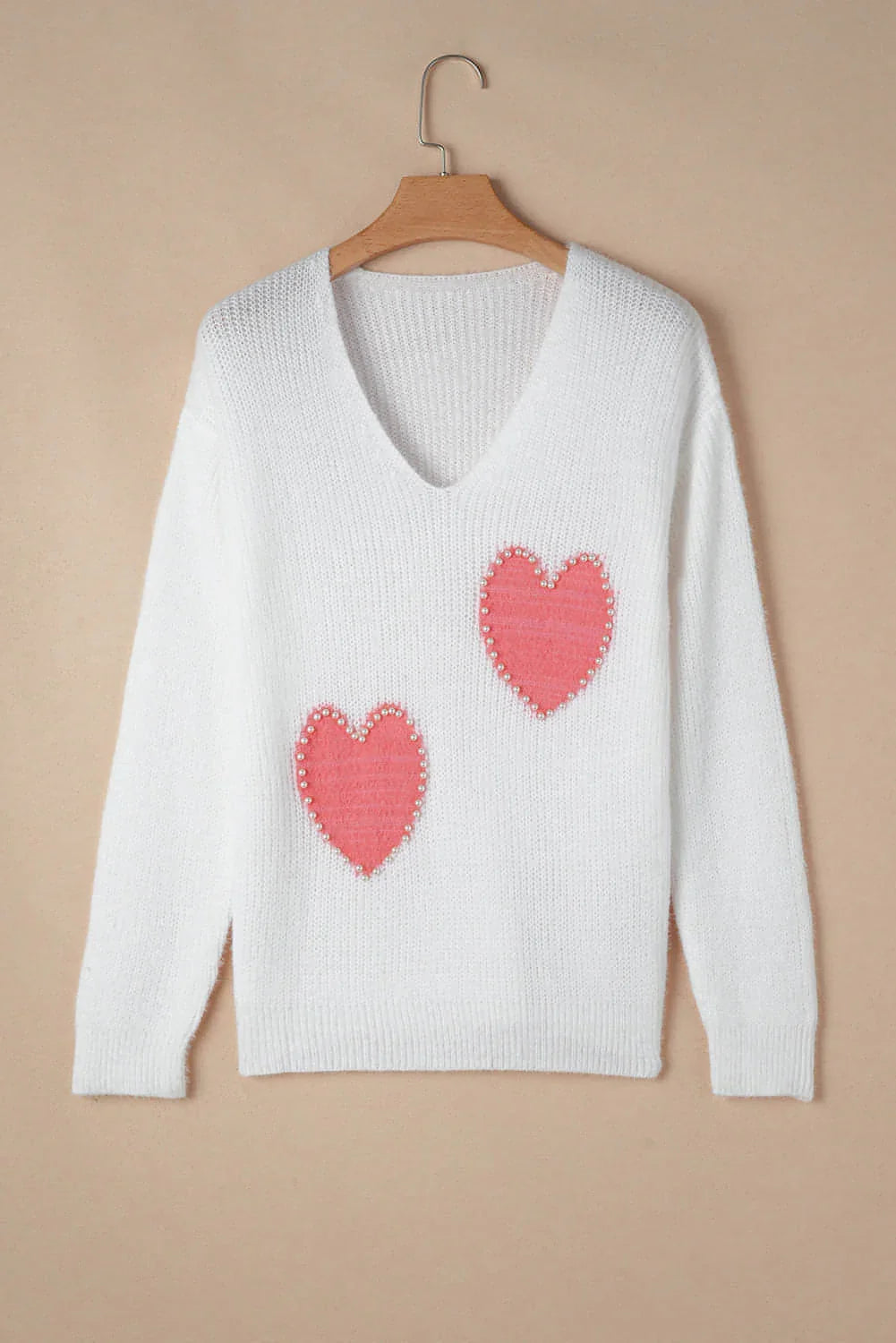White Pearl Beaded Heart Pattern Fuzzy V Neck Sweater - Which Mark