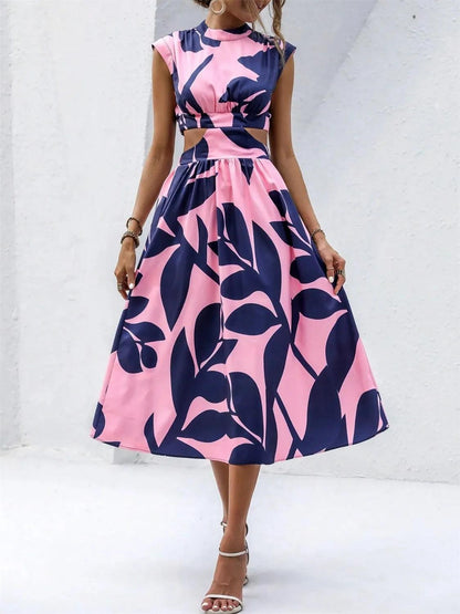 Cutout Printed Cap Sleeve Midi Dress - Which Mark