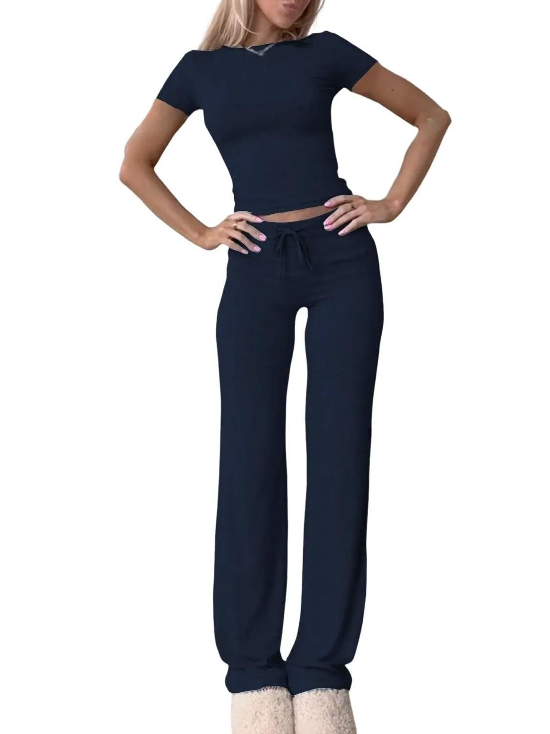 Round Neck Short Sleeve Top and Pants Set - Which Mark