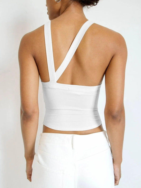 Asymmetrical Back Ribbed Crop Tank Top - Which Mark