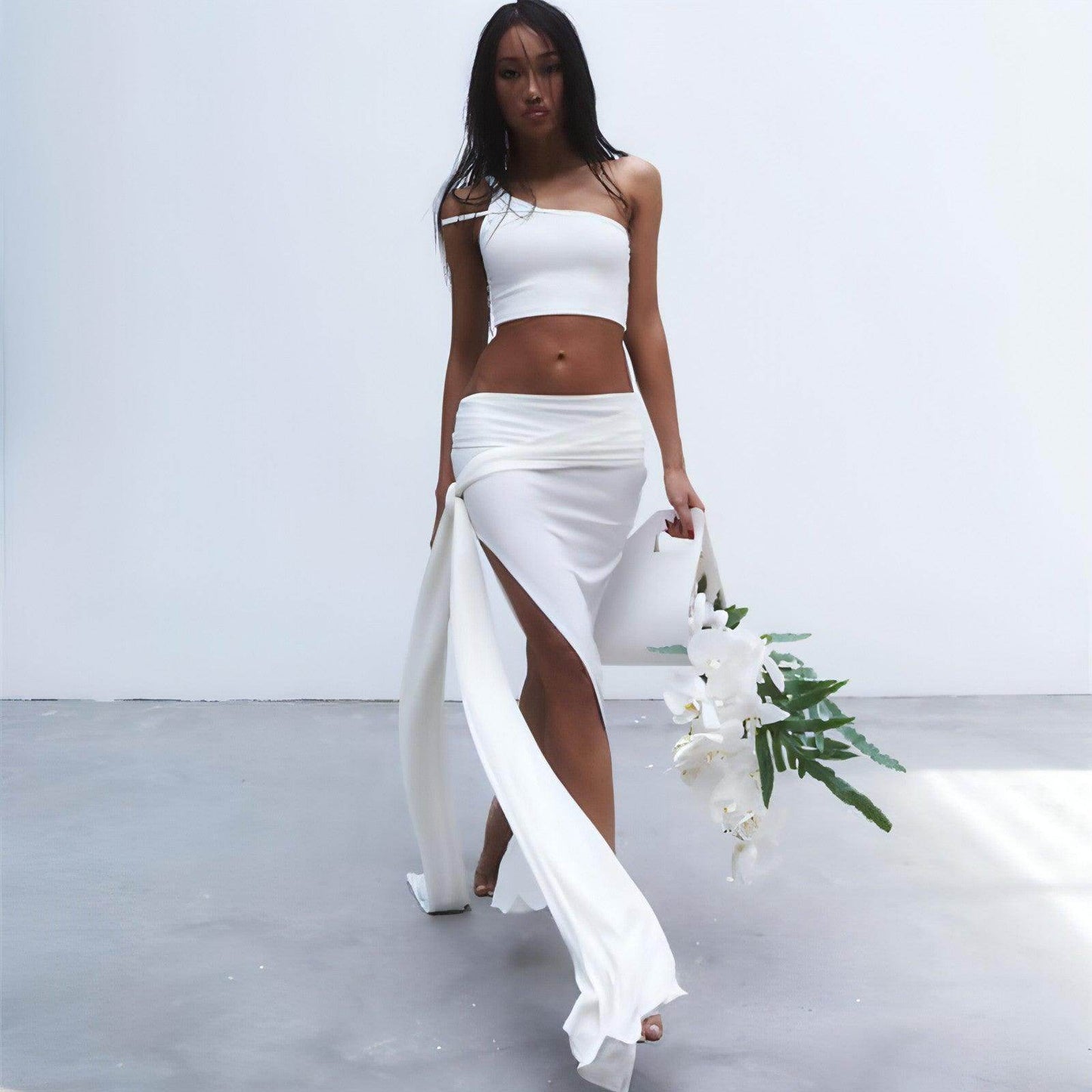Women's Off-the-shoulder Navel High Slit Suit Set - Which Mark