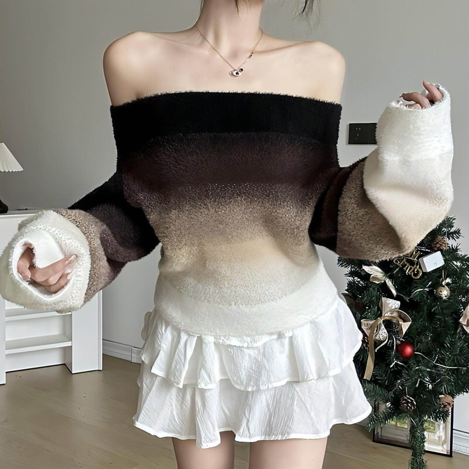 Gradient Off-neck Long-sleeved Woolen Top Women Sweater - Which Mark