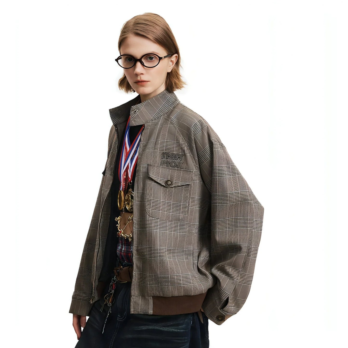 Plaid Loose-fitting Stand-up Collar Jacket Men And Women - Which Mark