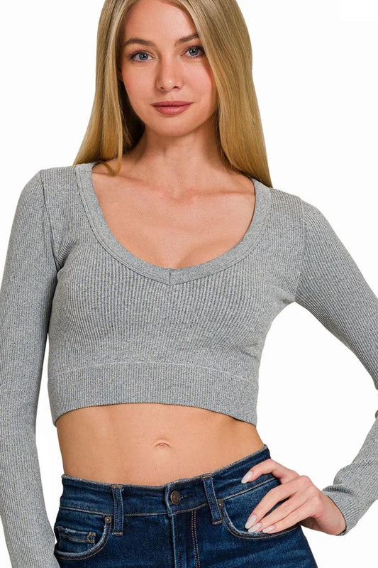 Zenana Seamless Fitted Rib V-neck Long Sleeve Crop Top - Which Mark