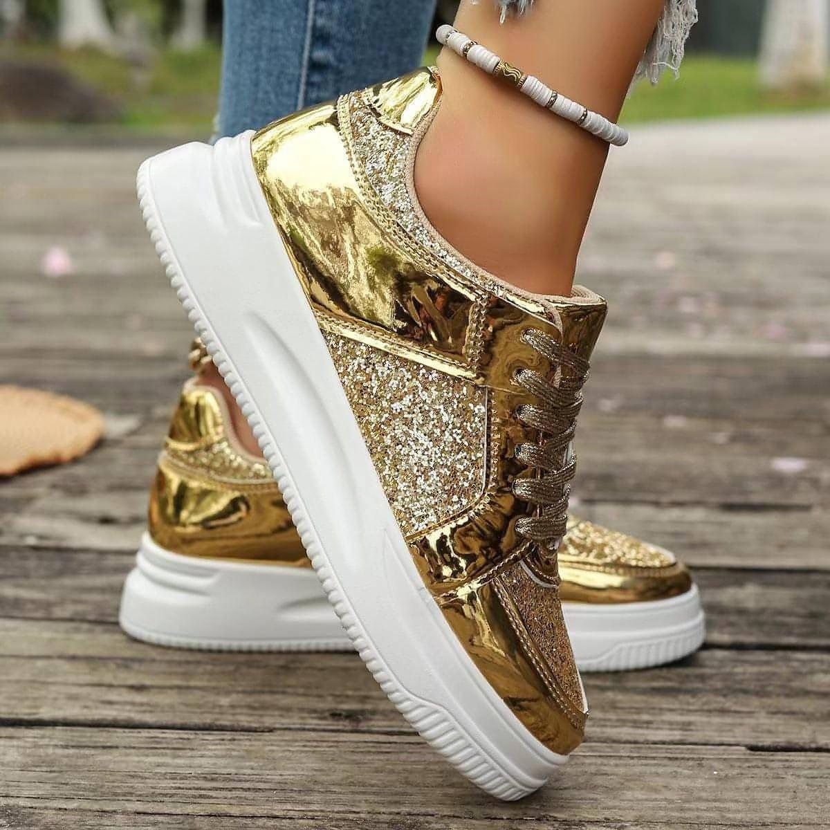 Fashion Lace-up Flat Shoes With Sequin Design Casual Sports Thick - Which Mark
