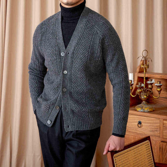 V-neck Solid Color Jacquard Knitted Cardigan Sweater Coat - Which Mark
