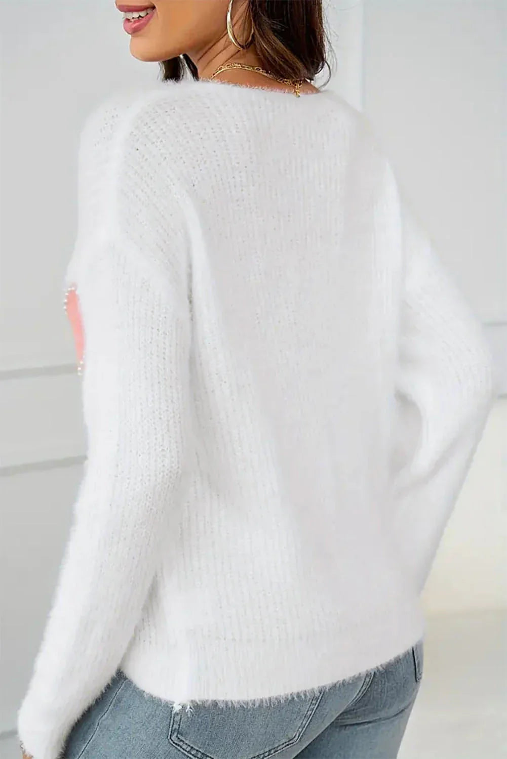 White Pearl Beaded Heart Pattern Fuzzy V Neck Sweater - Which Mark