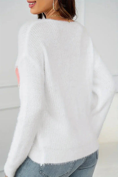 White Pearl Beaded Heart Pattern Fuzzy V Neck Sweater - Which Mark