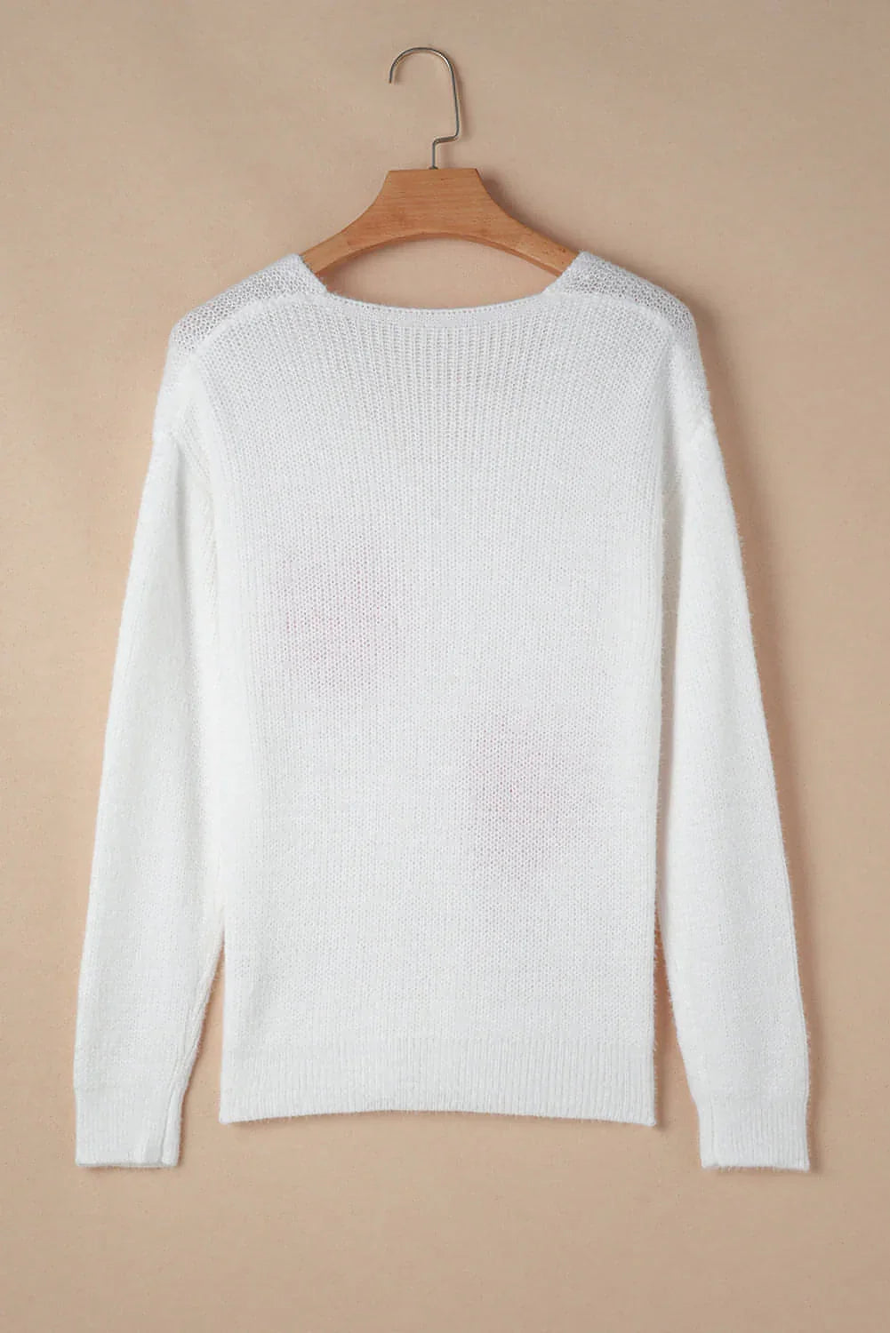 White Pearl Beaded Heart Pattern Fuzzy V Neck Sweater - Which Mark