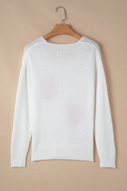White Pearl Beaded Heart Pattern Fuzzy V Neck Sweater - Which Mark