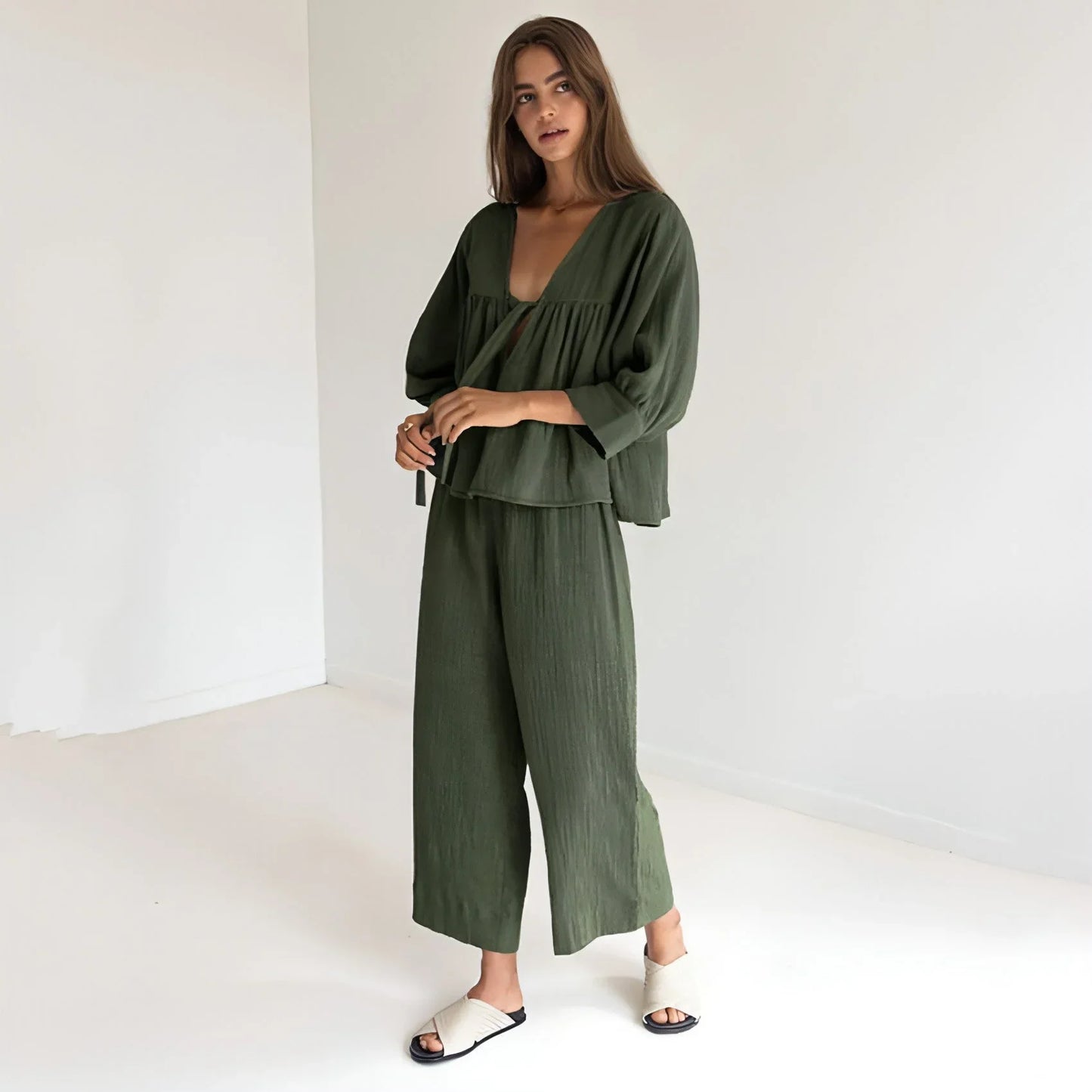 Women's Fashion Long Sleeve Double-layer Crepe Pajamas Trousers Loose - Which Mark