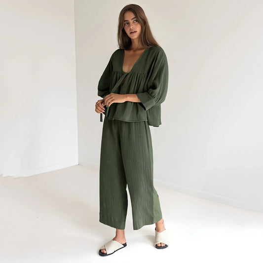 Women's Fashion Long Sleeve Double-layer Crepe Pajamas Trousers Loose - Which Mark