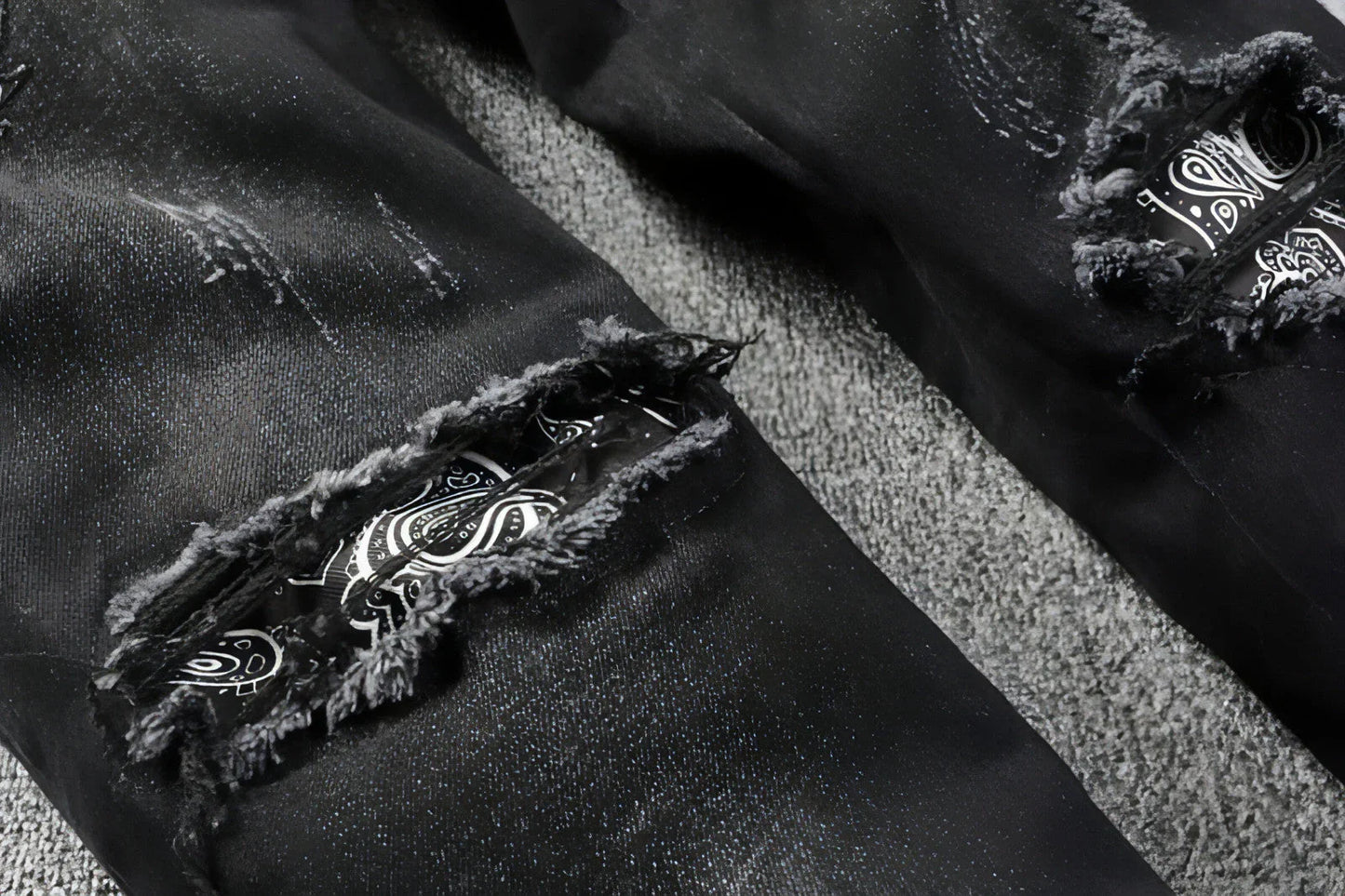 UrbanEase™ Black Cashew Flower Printed Patch Torn Jeans For Men - Which Mark