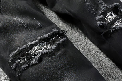 UrbanEase™ Black Cashew Flower Printed Patch Torn Jeans For Men - Which Mark