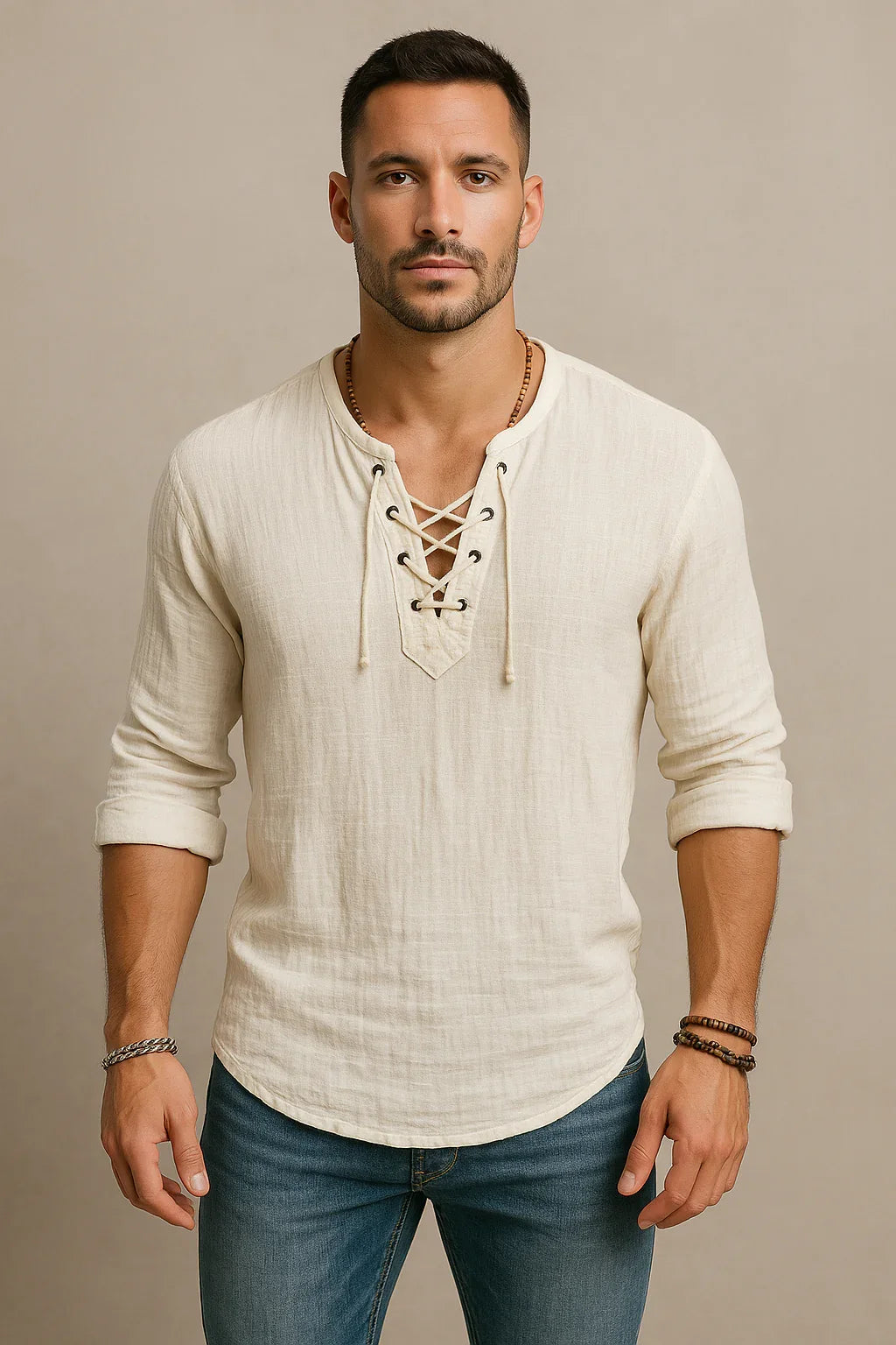 Men’s Lace-Up Linen Shirt – Casual Vintage Look, Short Sleeves - Which Mark