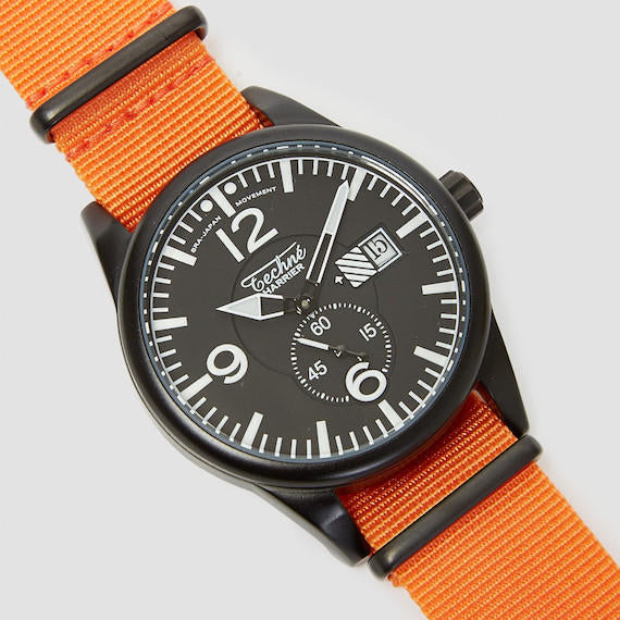 41.0mm tactical quartz watch with nylon 6 strap in orange colour - Which Mark