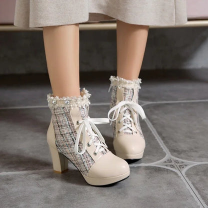 Short Boots Women's Stitching Lace Sweet Thick Heel Women's Shoes – - Which Mark