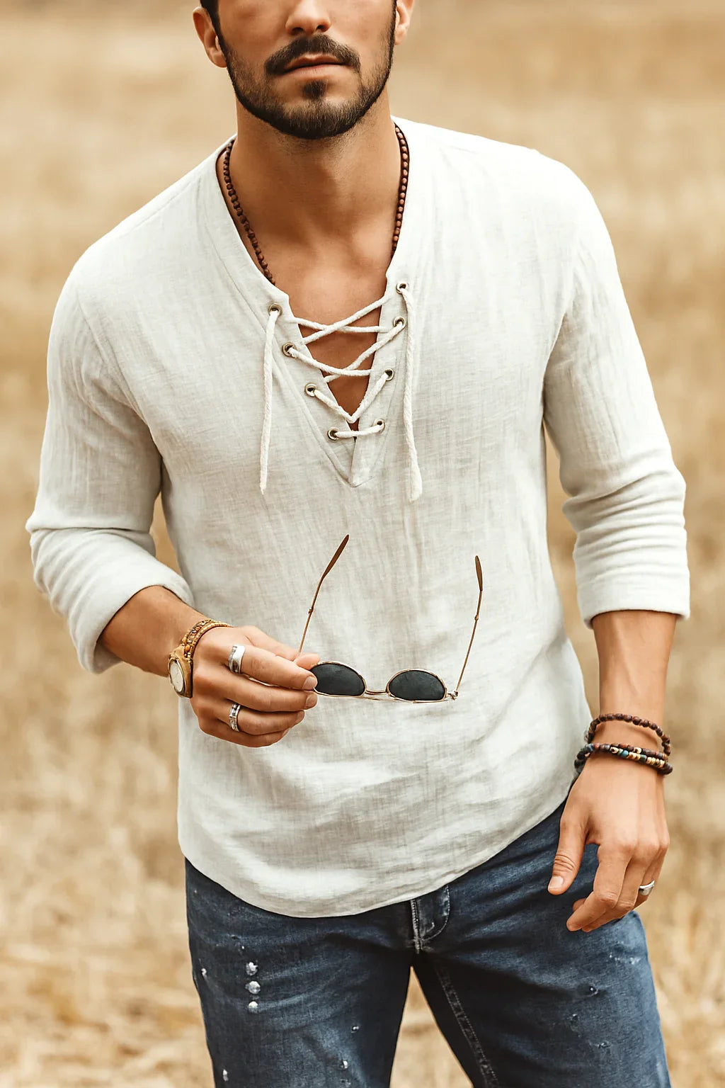 Men’s Lace-Up Linen Shirt – Casual Vintage Look, Short Sleeves - Which Mark