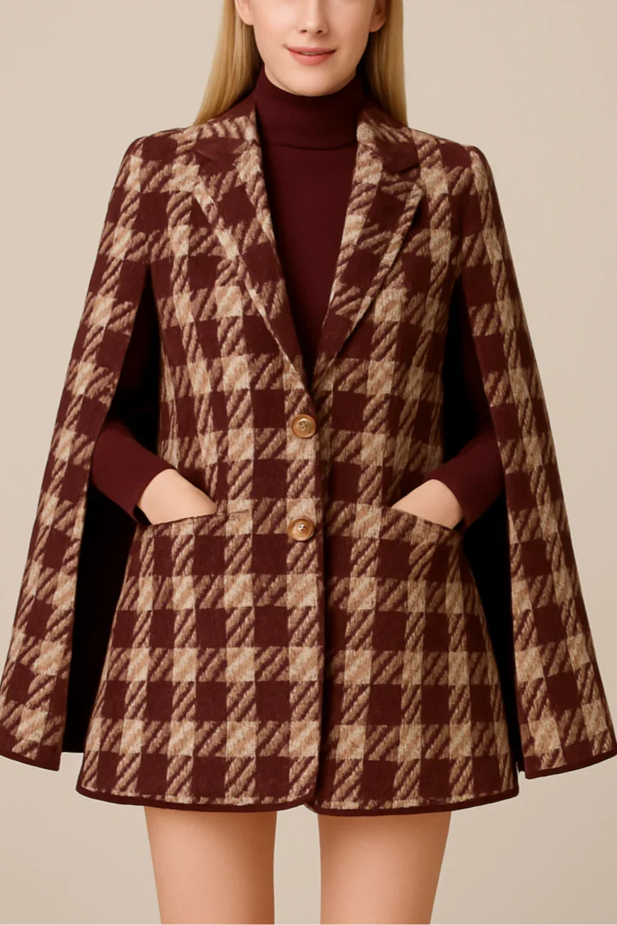 Houndstooth Woolen Cape Coat & Shorts – Elegant & Fashionable Set - Which Mark