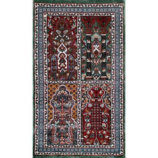 2×3 Feet Handmade Hamadan Silk Carpet Green - Which Mark