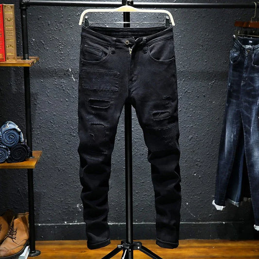DenimDare™ Pure Black Ripped Stretch Jeans Men Black - Which Mark
