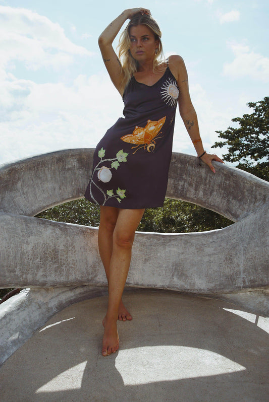 Vela Silk Slip Dress in Black Jungle Butterfly - Which Mark