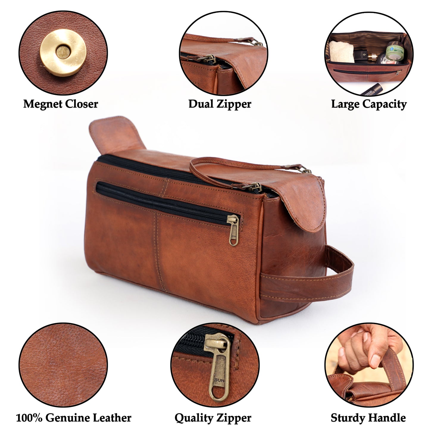 Leather Toiletry Bag Large Dopp Kit for Men & Women Travel Pouch