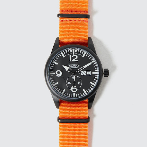 41.0mm tactical quartz watch with nylon 6 strap in orange colour - Which Mark
